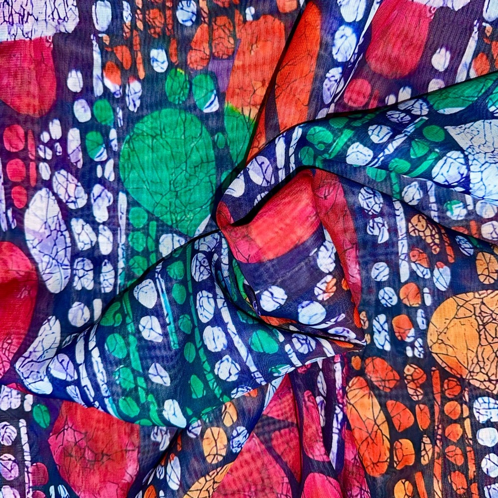 African Print, Chiffon Fabric - Fuchsia, Green, Orange "Beauty of Mandla", ~2 Yd